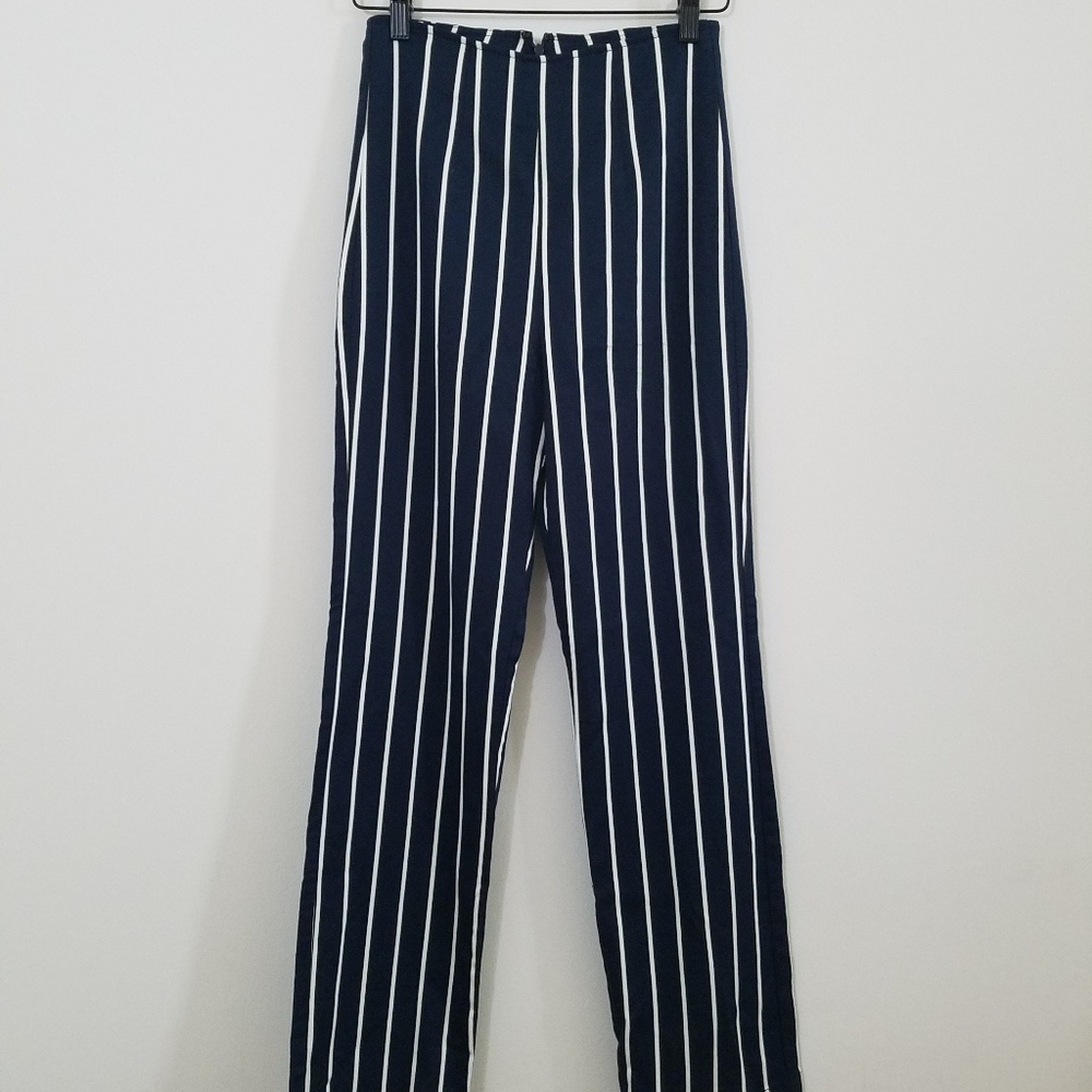 Reformation Navy High-Waisted Stripped Pants